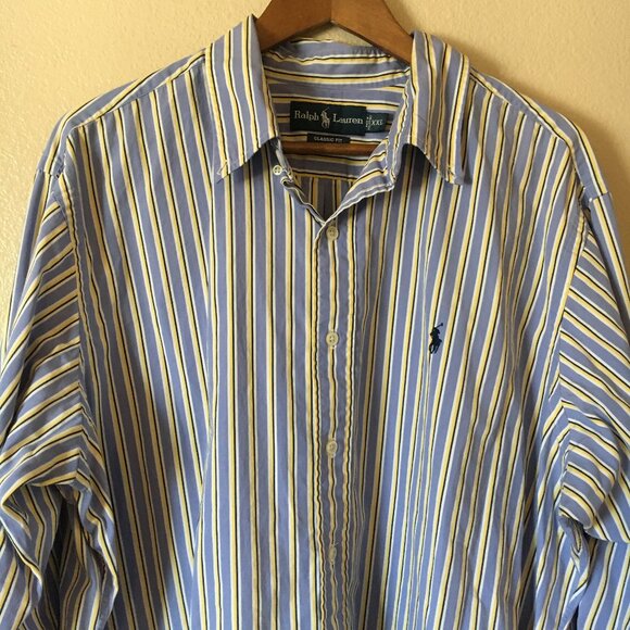 Ralph Lauren Striped Shirt XXL Blue Yellow White Classic Fit Button Down Pony - Picture 3 of 5